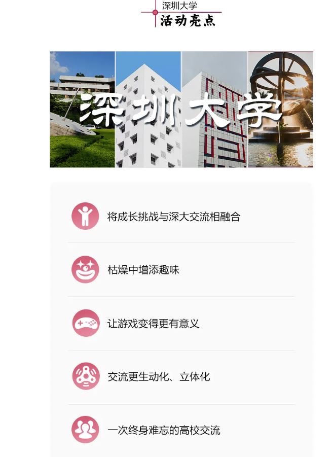 資訊海報的頂部是深圳大學建築的圖像，五個要點以中文文字突出顯示了大學的各種活動和參與。