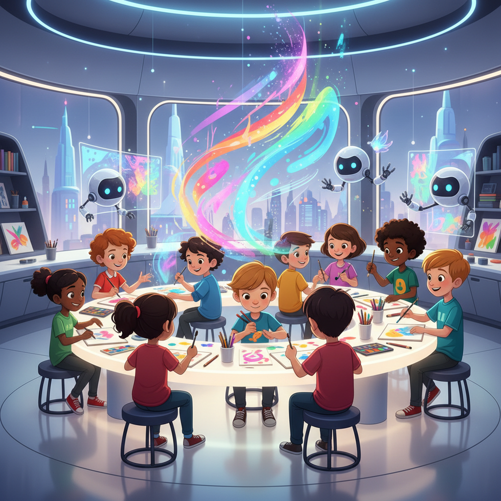 一群孩子圍坐在未來教室的圓桌邊，拿著用品畫畫，而機器人和五顏六色的全息影像則圍繞著他們。.
