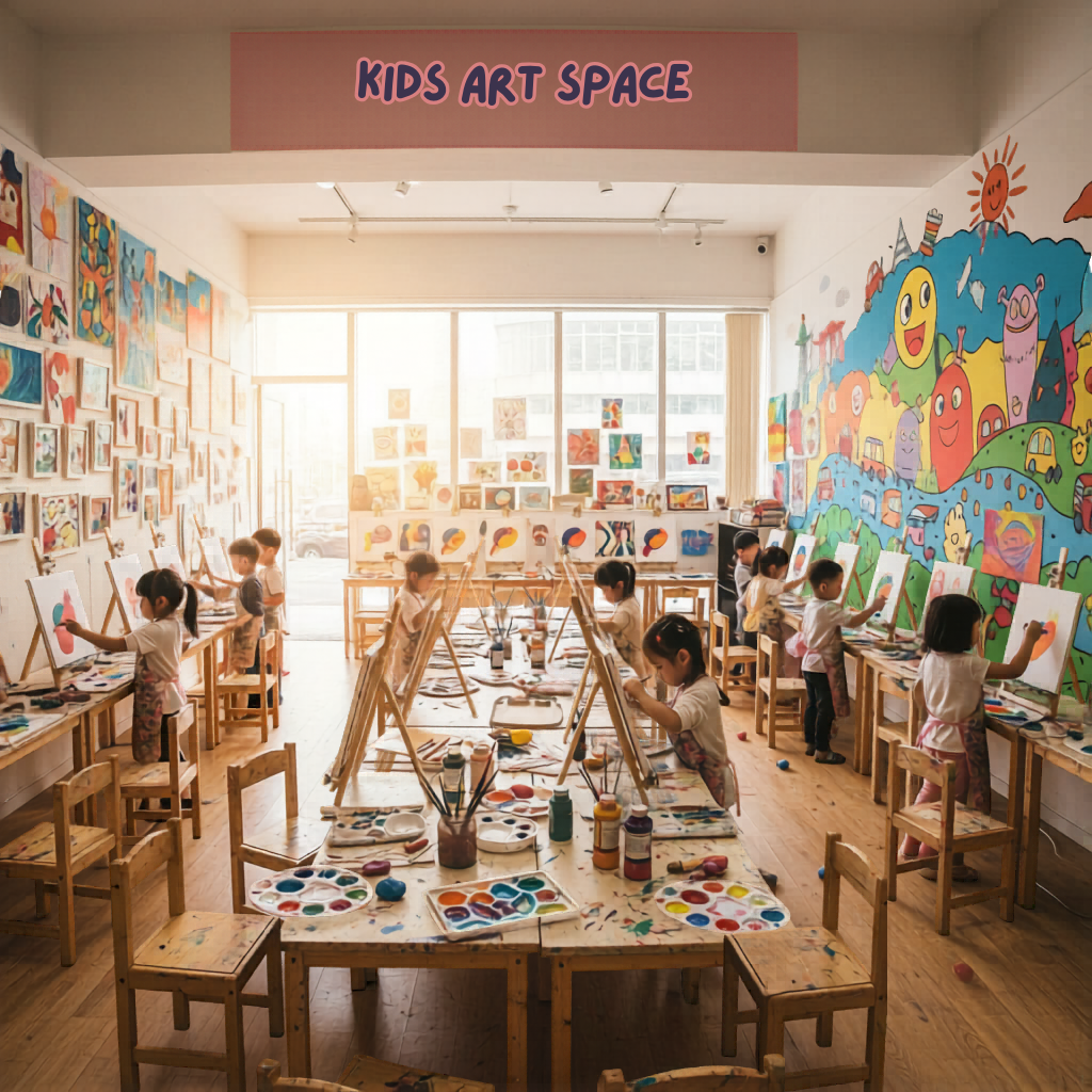 孩子們在裝潢明亮的美術教室內的畫架作畫，牆上掛著色彩繽紛的藝術品，下方的標誌寫著「兒童藝術空間」。.