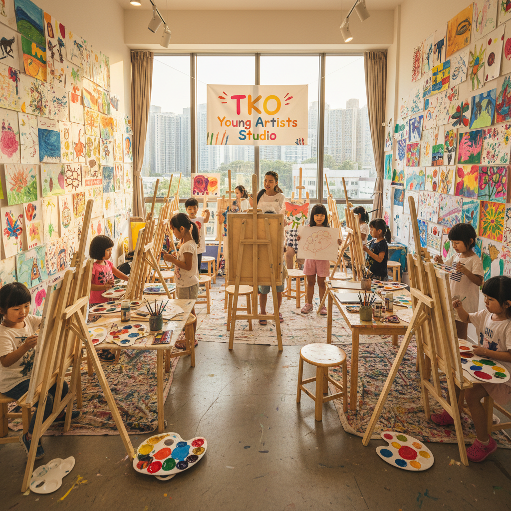 孩子們在燈光明亮的藝術工作室內的畫架作畫，工作室內裝飾著色彩繽紛的藝術品。招牌上寫著 「TKO 青年藝術家工作室」。一位導師站在房間前方。.