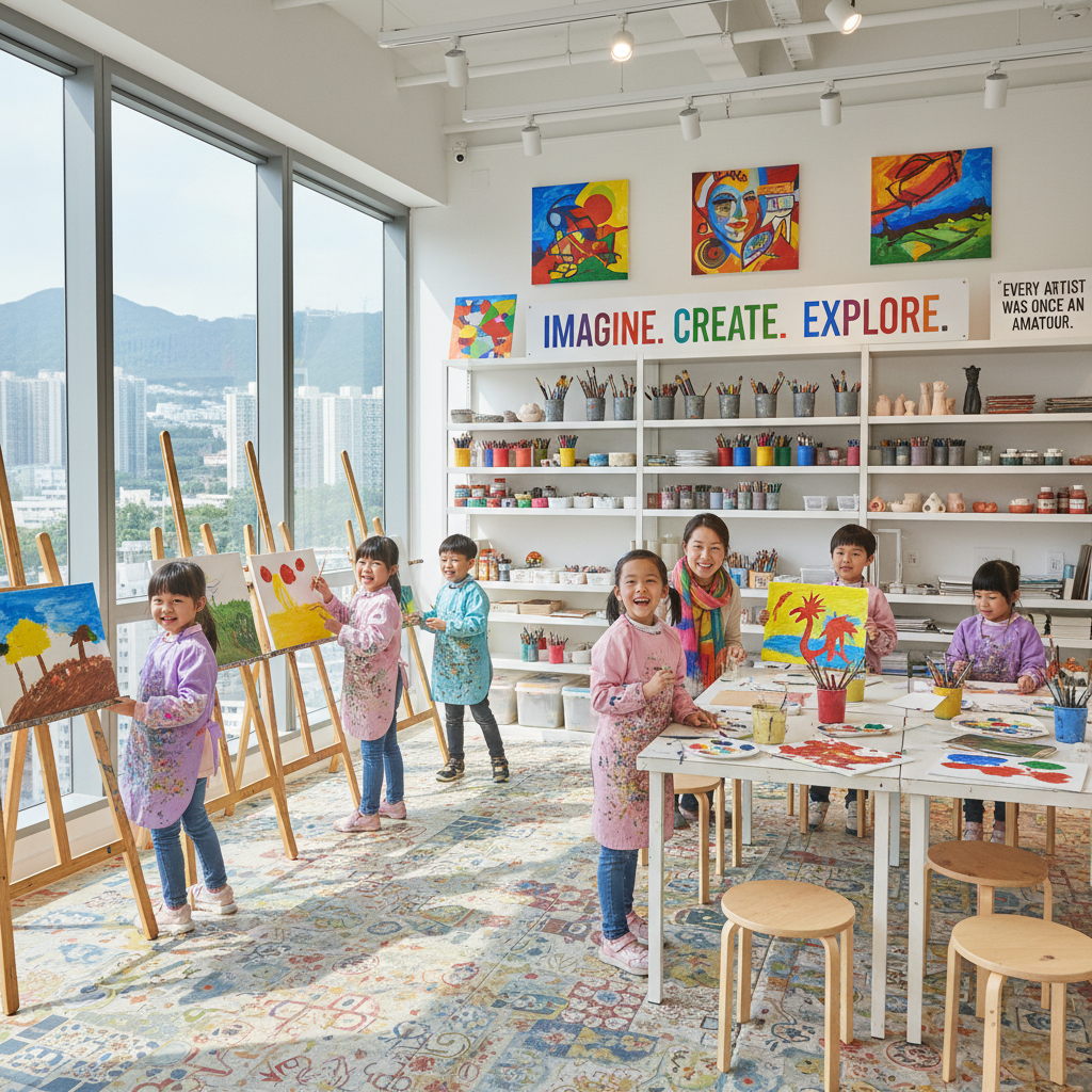 在明亮的美術教室裡，孩子們在畫架上作畫，在桌子旁工作，標誌寫著 "IMAGINE.創造。探索"。美術用品和色彩繽紛的畫作裝飾著整個房間。.