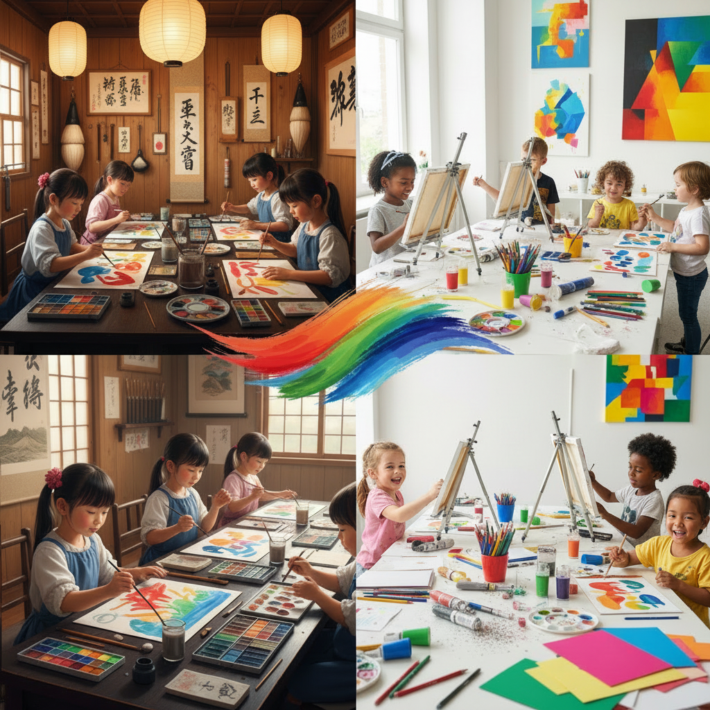 孩子們坐在兩間美術教室的桌子旁，一間是亞洲風格的裝潢，另一間是現代風格，他們使用各種美術用品繪畫。一道彩虹繪畫筆觸將兩個場景連在了一起。.