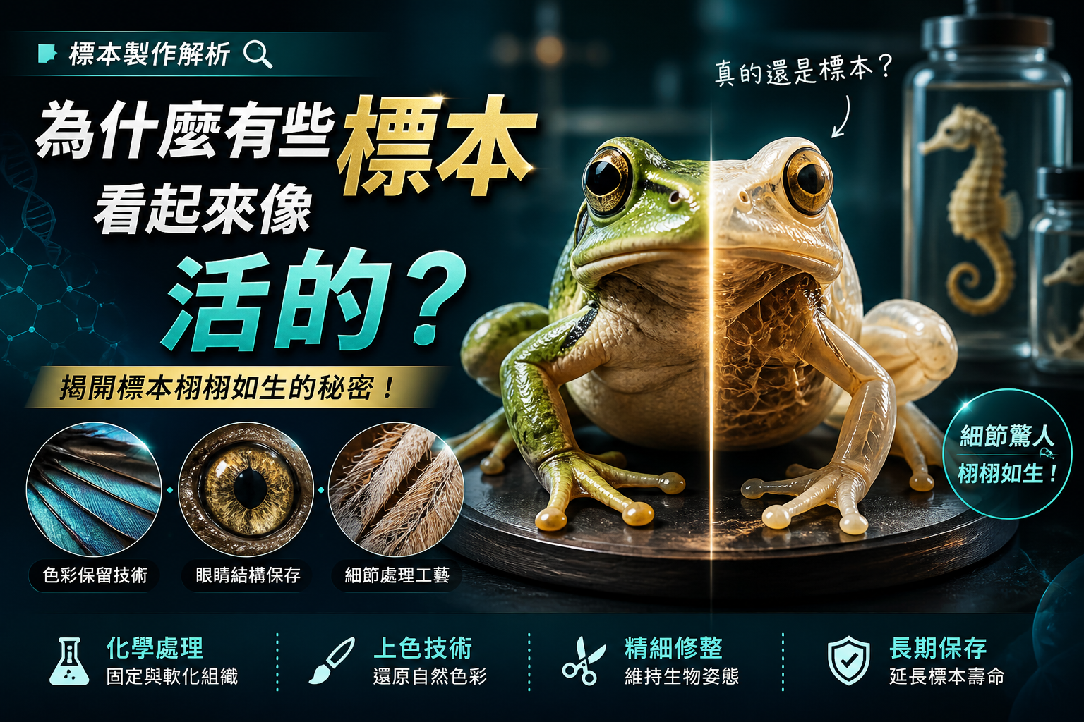 一隻栩栩如生的青蛙標本和一隻保存在罐子裡的青蛙的比較，並有中文文字解釋為什麼有些標本看起來是活的。.