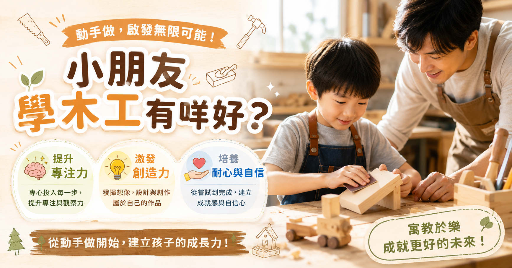 兒童在成人的指導下參與木工活動，文字強調專注力、創造力和自信心發展等好處。.