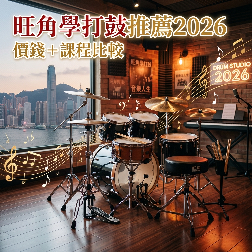 現代工作室中的一套架子鼓，透過大型窗戶可俯瞰城市天際線。中英文文字推廣 2026 鼓課程建議與價格比較。.