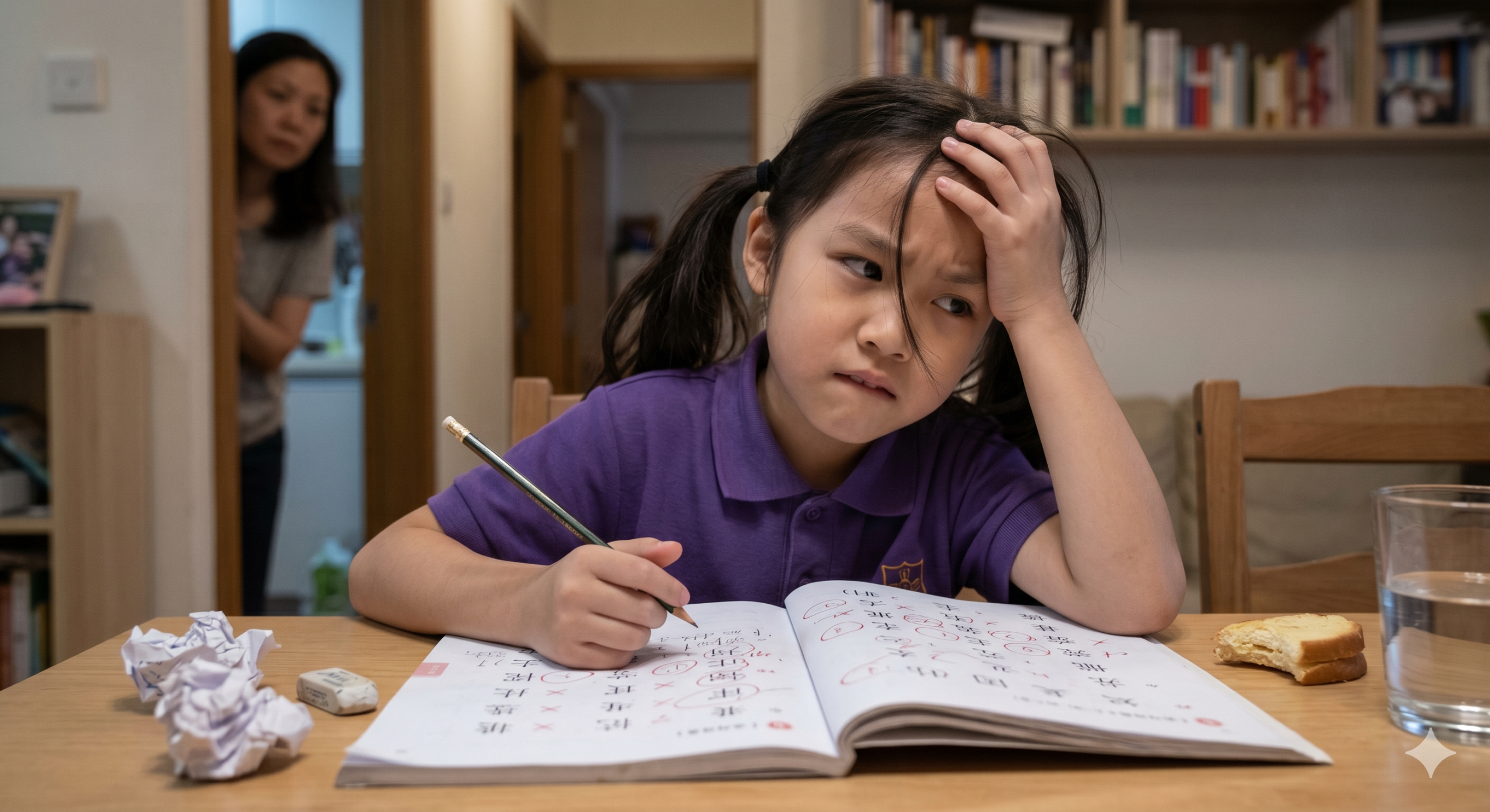 一個扎著小辮子的年輕女孩正在奮力做功課，一隻手抱著頭，一臉沮喪。.