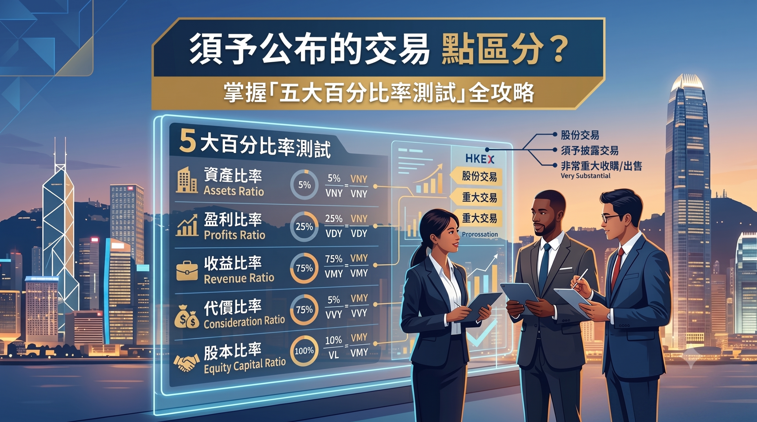 三位商業專業人士在以香港摩天大樓為背景的數位顯示器前討論財務資料,顯示器上有交易比率分析的中文文字。. 三位商業專業人士在以香港摩天大樓為背景的數位顯示器前討論財務資料,顯示器上有交易比率分析的中文文字。.