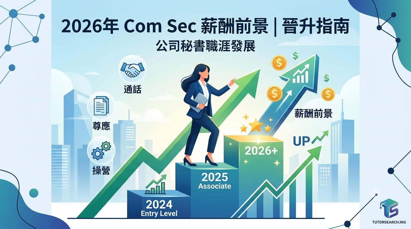 一位女商人向上攀爬箭頭，標示 2024 年至 2026 年的職涯階段和薪資成長，並有晉升、尊重和技能圖示；中文文字強調 Com Sec 薪資展望。.