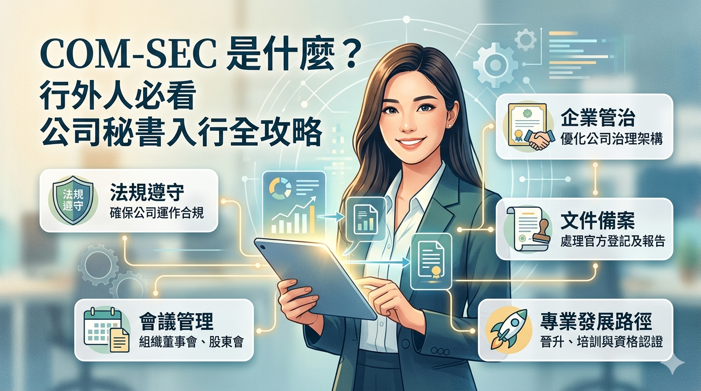 一位手持平板電腦的女商人站在資訊圖表旁，以中文說明 COM-SEC、公司秘書角色，以及合規、治理和檔案管理等主要職責。.