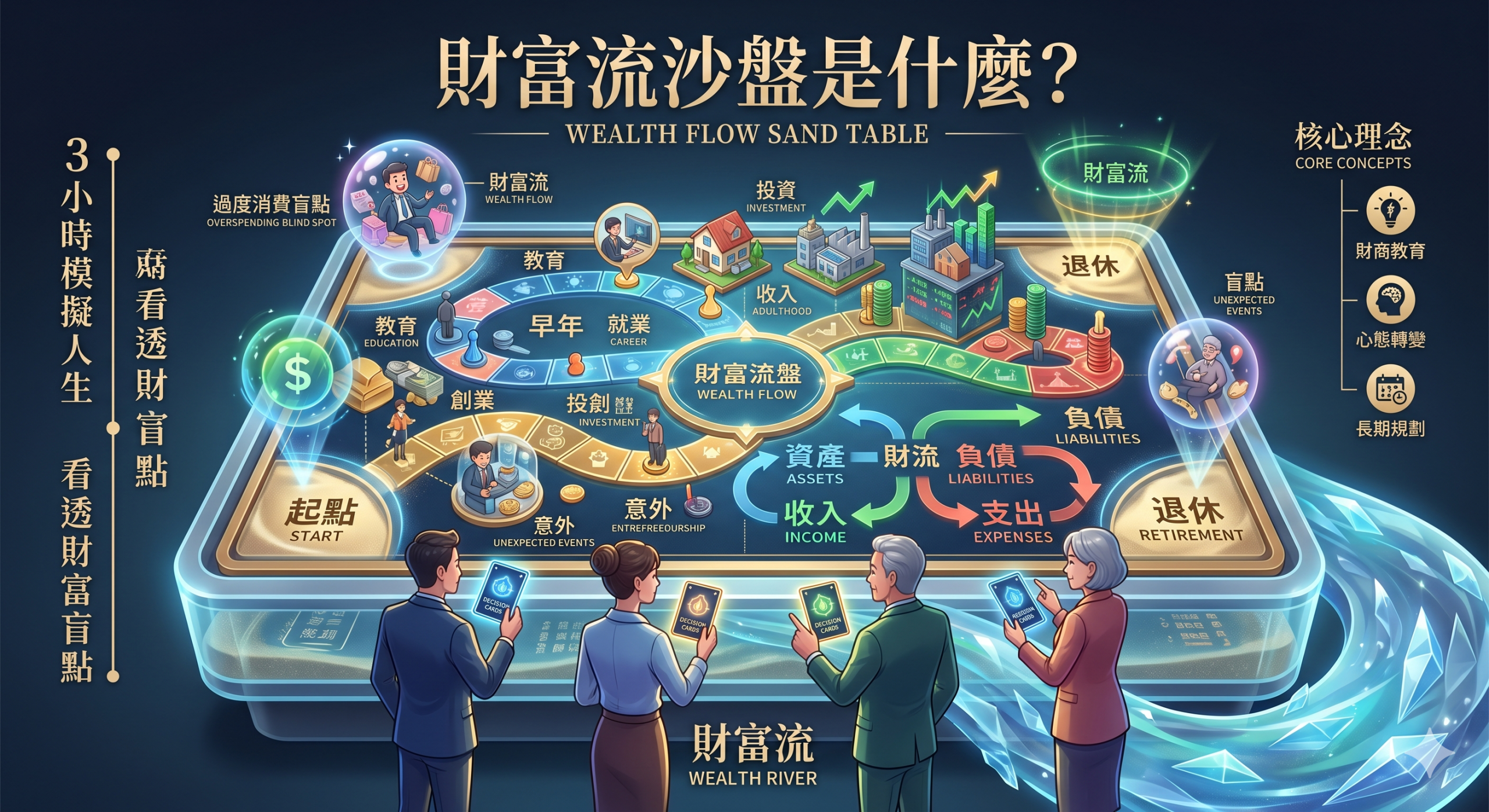 人們使用智慧型手機與財富管理棋盤遊戲互動的數位插圖，顯示收入、資產、支出和財富流量等概念，並附有中英文標籤。.