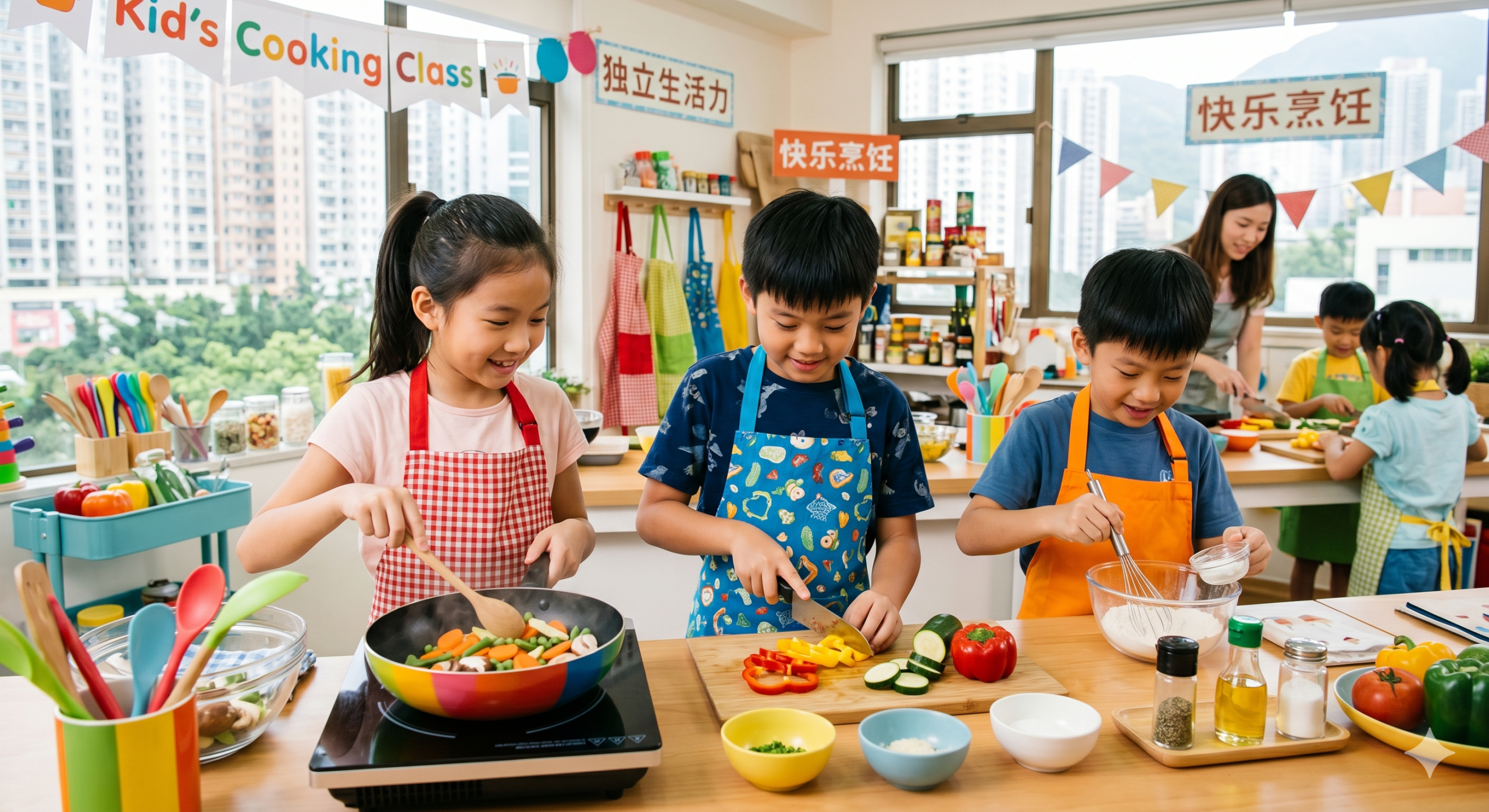 在烹飪課上,孩子們穿著圍裙在廚房的檯面上一起準備食物,桌上放著各種食材和用具。背景是一位教師和更多的孩子。. 在烹飪課上,孩子們穿著圍裙在廚房的檯面上一起準備食物,桌上放著各種食材和用具。背景是一位教師和更多的孩子。.