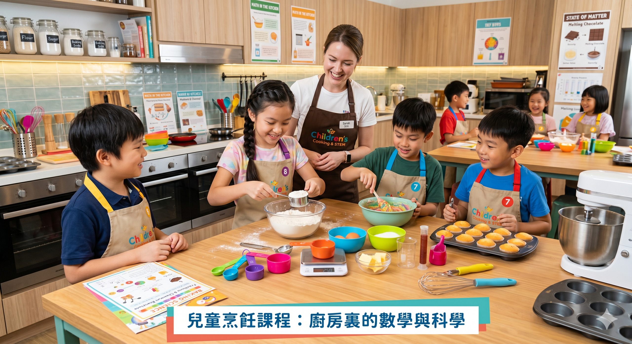 一群孩子和一位教師在教室的廚房裡一起烘焙，桌上放著攪拌碗、材料和用具。前面有一張印有中文的海報。.