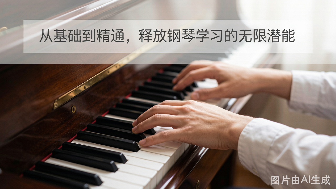 一雙彈奏鋼琴的手，背景中有一條中文橫幅，內容關於從基礎到精通，如何釋放鋼琴學習的潛能。.