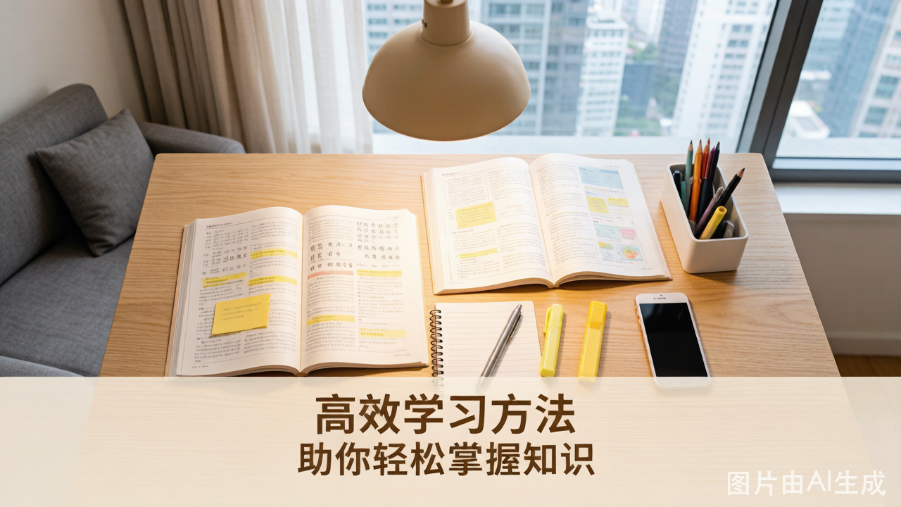 窗邊一張書桌，上面擺著翻開的書本、便利貼、筆和一盞台燈；中文文字寫著：「高效學習方法，助你輕鬆掌握知識。」.
