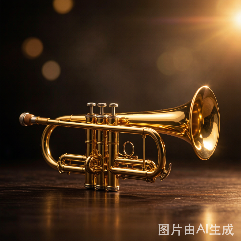 金色小號在舞台聚光燈下閃耀，溫暖燈光和散景效果，象徵音樂學習的啟蒙與熱情