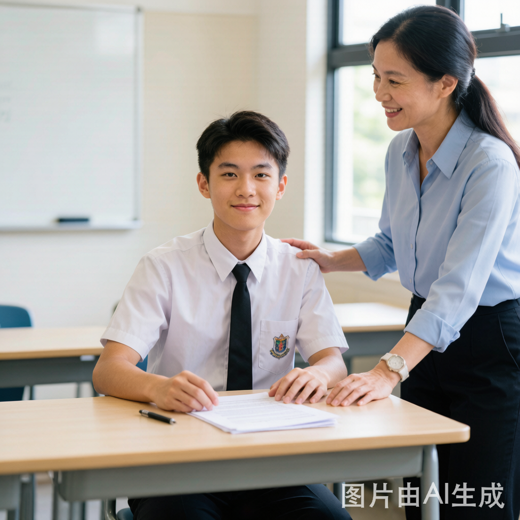 香港中學生在明亮課室中準備升中面試，老師從旁指導，展現自信與專業教育場景