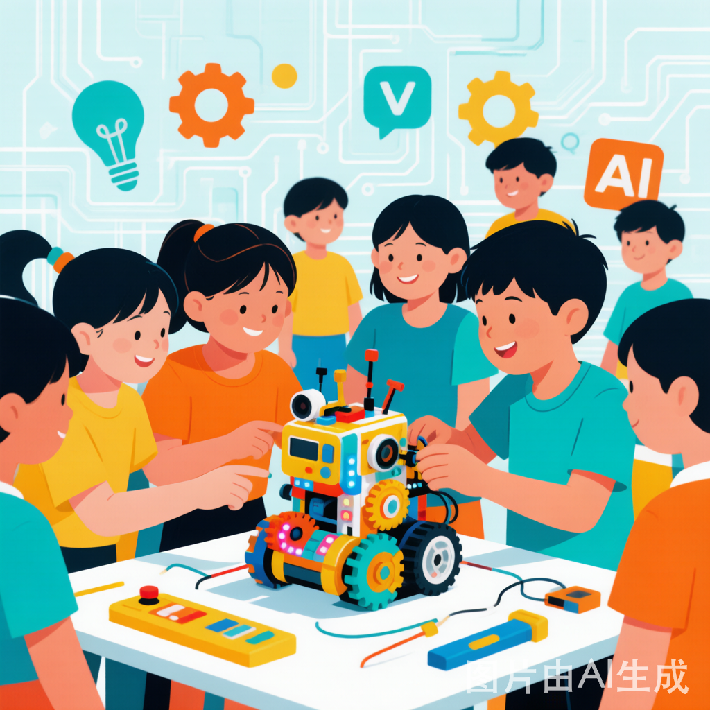一群小朋友圍在桌前組裝彩色機械人，展現STEM教育課堂的學習場景 | TutorSearch 兒童機械人課程封面圖