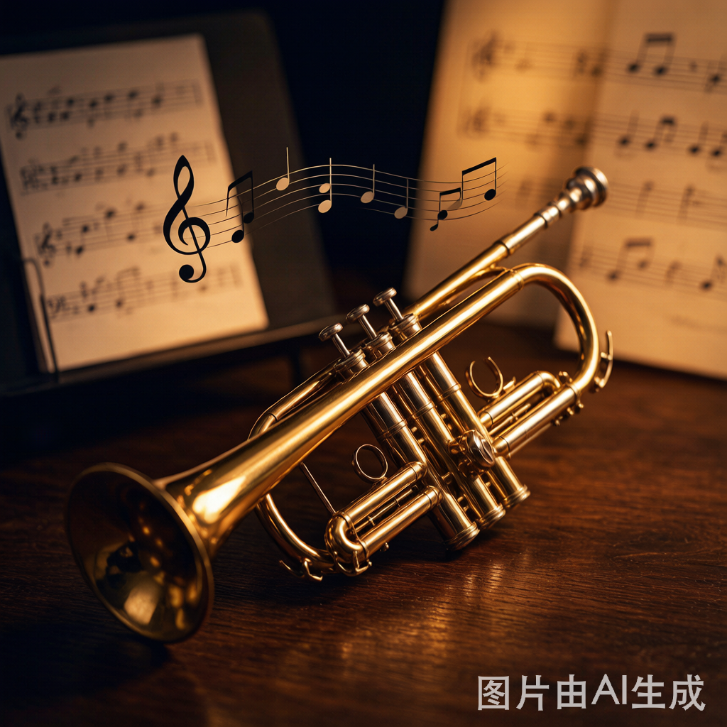 小號教學入門 – 音樂教育封面圖 一支金色銅管小號放於桌面,背景有樂譜和音符在空氣中飄浮 | TutorSearch 小號教學封面圖