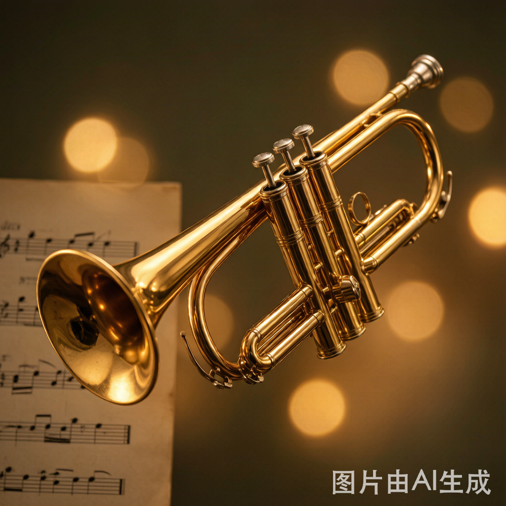 一支金色小號在溫暖柔和的光線下，背景有樂譜與藝術散景效果 - 小號指法大全