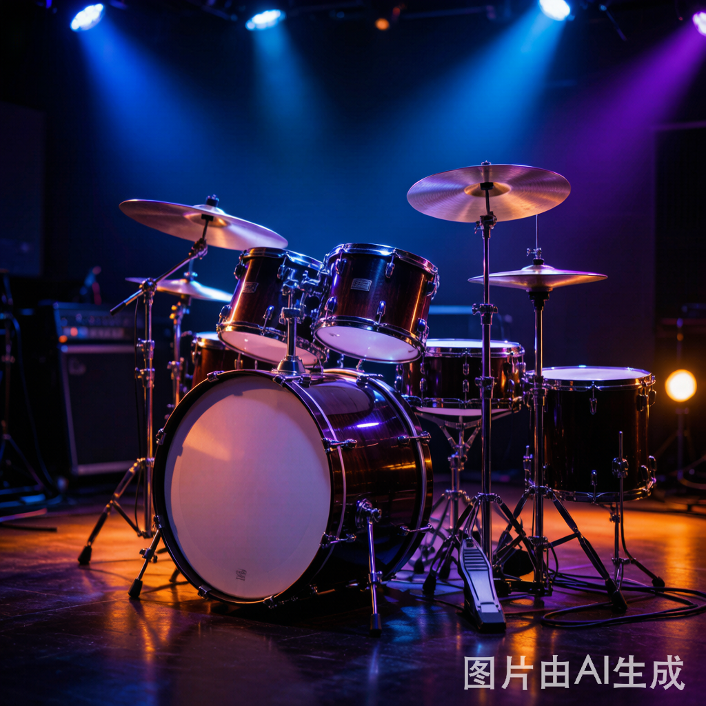 架子鼓 – 封面圖 一套專業爵士鼓在深色舞台上,藍紫色舞台燈光照射,營造出充滿節奏感與音樂魅力的氛圍 - 架子鼓入門全攻略