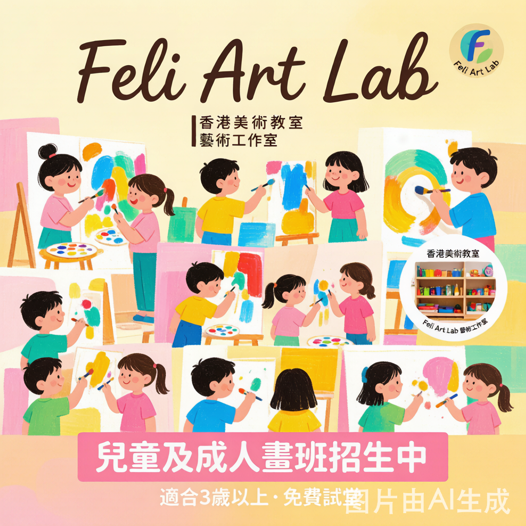一張拼貼圖,畫面中兒童與成人正在藝術教室裡作畫,並附有宣傳「Feli Art Lab」藝術課程的中文文字。.