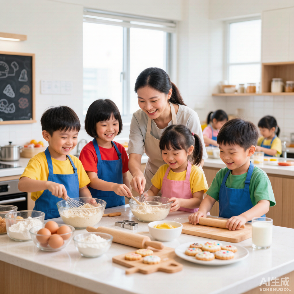 香港小朋友穿著彩色圍裙在明亮現代廚房教室一起學烹飪，桌上擺滿新鮮食材與烘焙工具，營造溫馨歡樂的暑期兒童烹飪班學習氛圍。