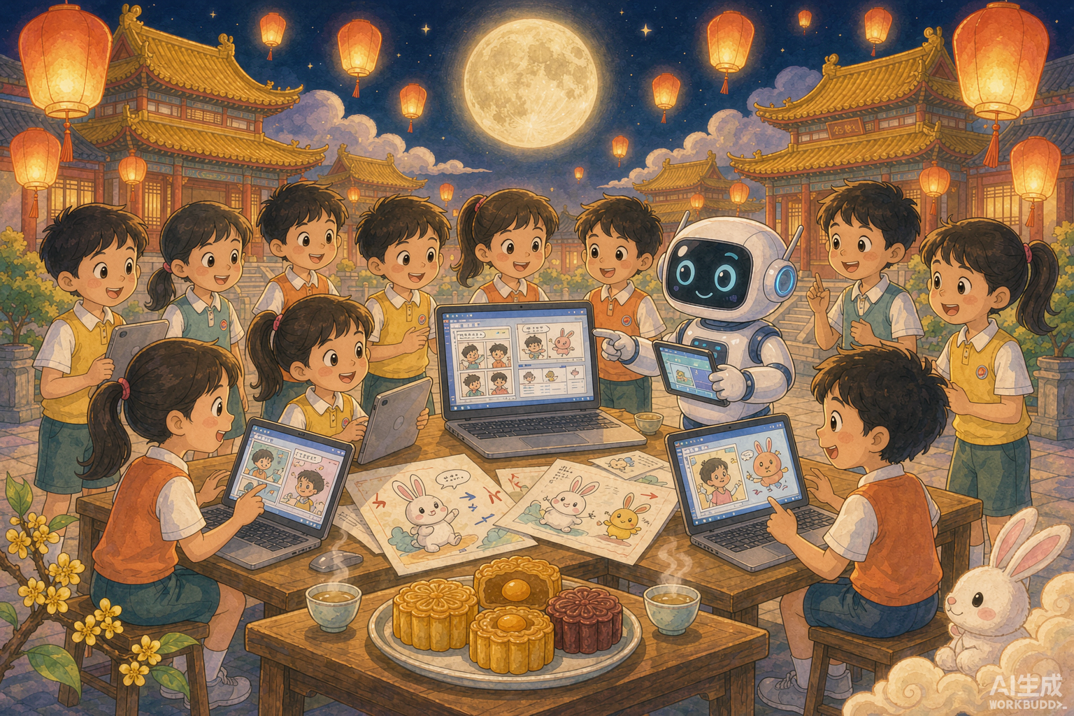 中秋兒童AI故事創作課程封面圖 孩子們與可愛 AI 機器人圍坐,在中秋燈籠與滿月下用平板創作 AI 故事