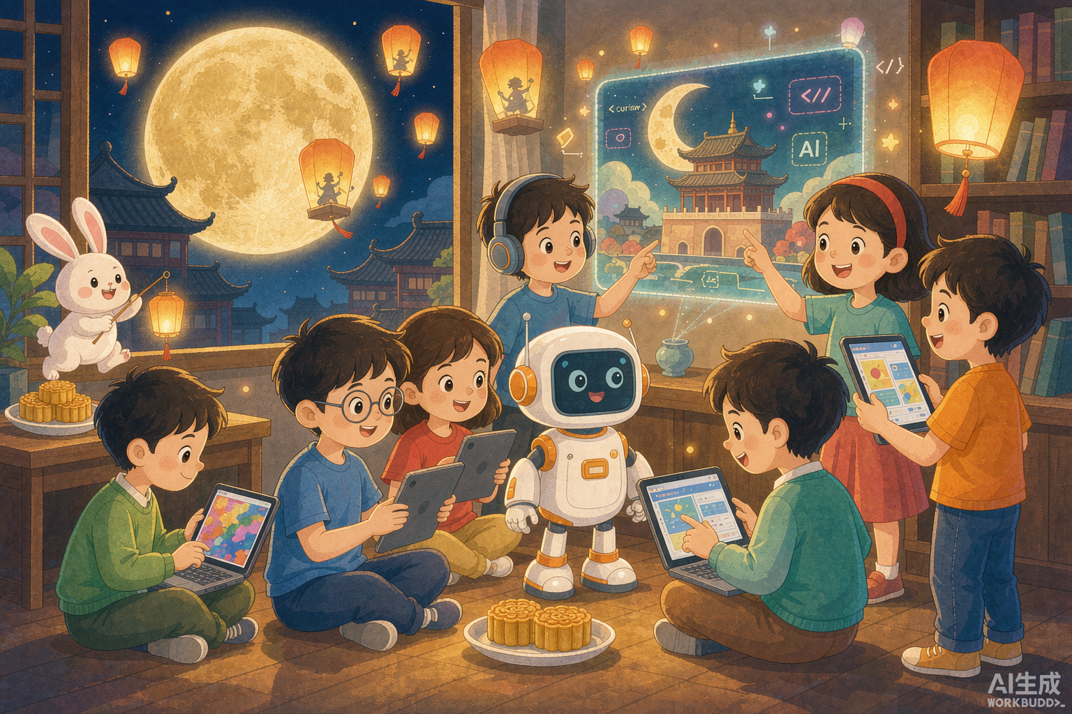 中秋兒童AI課程 – 封面圖 中秋兒童AI課程封面圖——香港小學生在圓月與玉兔背景下學習生成式AI繪畫與編程啟蒙,機器人陪伴創作中秋數位故事